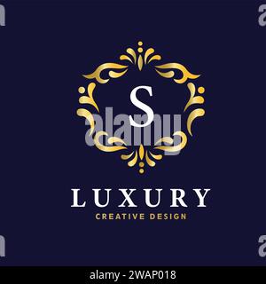 Gold badge initial letter s logo luxury calligraphic vector image, s Letter With Golden Shine On Classy Badge Design Stock Vector