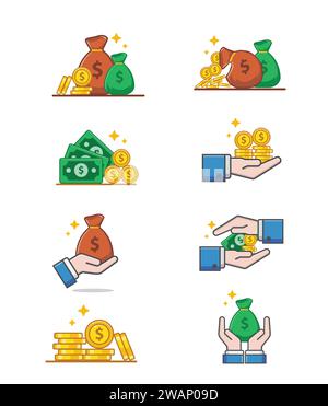 collection of Green Dollars, Coin and hand Icon isolated on white background. Money Vector Illustration Stock Vector