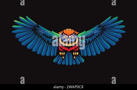 flying owl color vector illustration,Flying Owl with Open Wings and Claws Logo Mascot Stock Vector