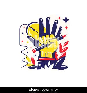 hand with mouse and pencil, creative art and education vector illustration Stock Vector