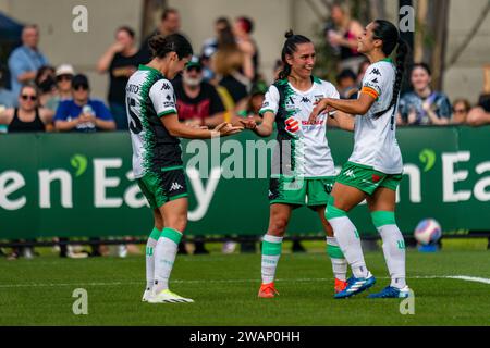 Bundoora, Australia. 6 January, 2024. Western United FC celebrate scoring their second goal during the Liberty A-League Women’s match between Melbourne Victory FC and Western United FC at the Home of the Matildas in Bundoora, Australia. Credit: James Forrester/Alamy Live News Stock Photo