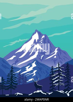 Wildlife vector illustration. Winter landscape with mountains, forest, hills and  deer Illustration in blue tones. Stock Vector