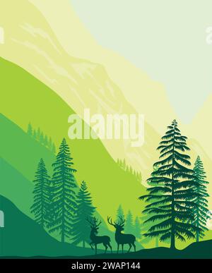 Mountains landscape with forest and pine tree and deer illustration Stock Vector