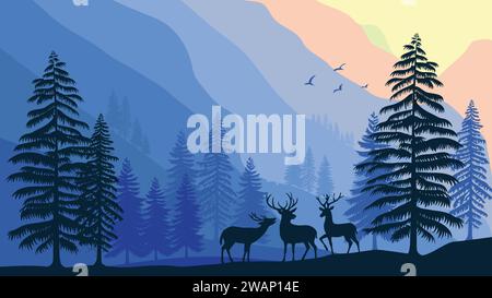 Mountains landscape with forest and pine tree and deer illustration Stock Vector