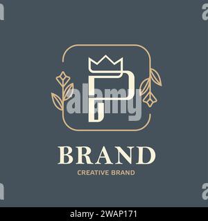 luxury letter p crown with square floral decorative frame perfect for Boutique, Cafe, Hotel, Heraldic, Jewelry, Fashion company Stock Vector