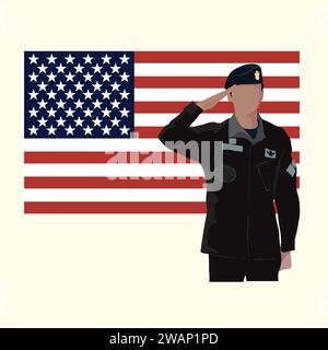 Vector art of a military serviceman saluting the American flag, american soldiers salute on USA flag Stock Vector