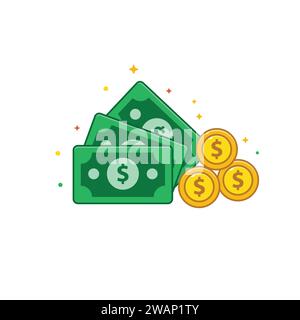 Green Dollars and Coin Icon isolated on white background. Money Vector Illustration Stock Vector