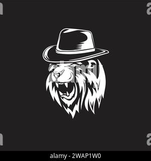 lion head with cowboy hat vector black and white color, Traditional american cowboy hat. Stock Vector