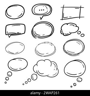 Vector illustration of scribbles, clouds and quotes for text. Doodle shapes hand drawn, set of elements in sloppy style Stock Vector