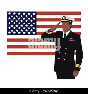 Vector art of a military serviceman saluting the American flag, american soldiers salute on USA flag Stock Vector