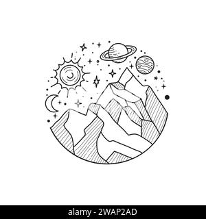 Doodle solar system and mountain Hand drawn sketch , planets, cosmic comet and stars, astronomy space doodles. Celestial solar system Stock Vector