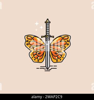 Sword and butterfly wings color vector template illustration Stock Vector
