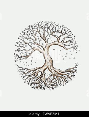 Tree of life vector illustration with tree and roots silhouette. Hand drawn ink illustration Stock Vector