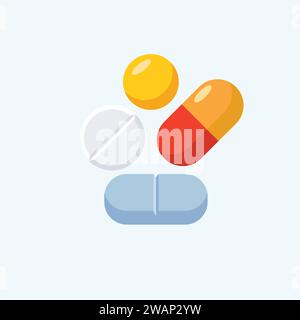 Pill and tablet vector illustration, flat cartoon style of medicine drugs closeup Stock Vector