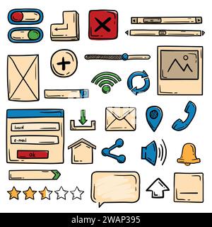 Set of vector web design elements for a website. Icons, objects and symbols hand drawn in sloppy doodle style Stock Vector