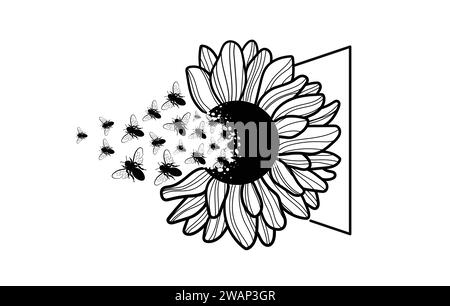 Honey bee and sunflower hand drawn vector illustration. Stock Vector