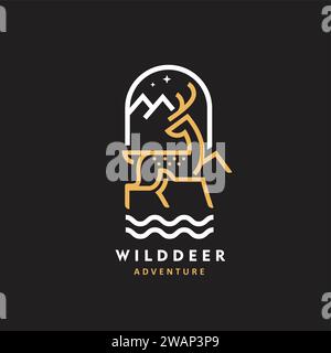 wild deer line art color vector illustration, mono line color deer, mountain, and river for adventure logo Stock Vector