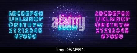 Let it Snow neon lettering on brick wall background. Stock Vector