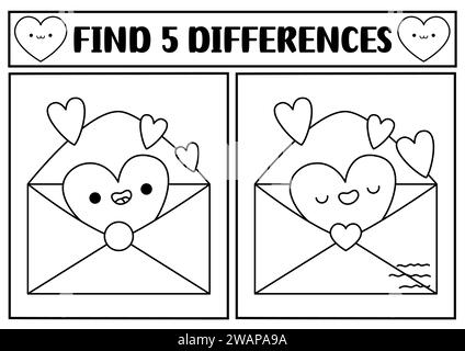 Saint Valentine kawaii black and white find differences game. Attention skills line activity with cute opened envelope with heart. Love holiday puzzle Stock Vector
