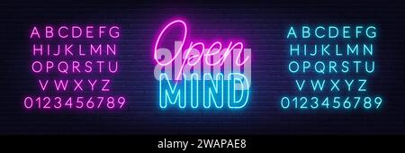 Open Mind neon lettering on brick wall background. Pink and blue neon alphabets. Stock Vector