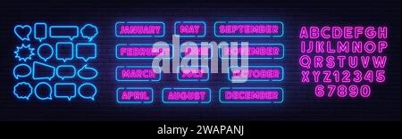 January February March April May June July August September November December neon sign on brick wall background. Pink neon alphabets and blue speech Stock Vector