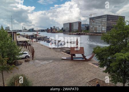 General view towards Sydhavnen including Havnebadet Islands Brygge and GoBoat on the quayside of Copenhagen Harbour, Copenhagen, Denmark. Stock Photo