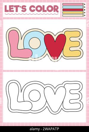 Saint Valentine coloring page for children with cute kawaii love word lettering. Vector holiday outline illustration. Color book for kids with colored Stock Vector