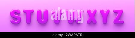 3D Purple uppercase letters S, T, U, V, W, X, Y and Z with a glossy surface on a purple background Stock Vector
