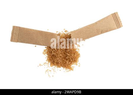 paper sticks of cane sugar, sugar in paper kraft packaging, mock up for design isolated on white background with clipping path, top view Stock Photo