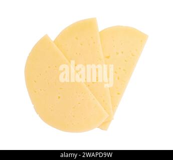 slices of cheese isolated on white background with clipping path, halved of round slices of salami cheese laid out to create layout, cheese cut into p Stock Photo