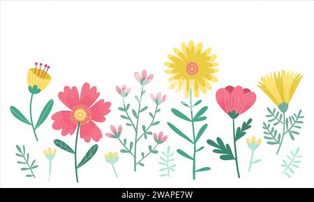 Set of Floral Elements, Wild Flowers in Pink and Yellow with Copy Space. Wall Art, Nursery or Childrens room concept Design for Banner, Cover, Decoration, Poster, Greeting card or Invitation.  Stock Vector