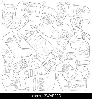 Christmas stockings with traditional holiday ornaments snowflakes, snowman, christmas tree. Hanging children clothing elements with xmas patterns on rope. Black and white. Art therapy Coloring page Stock Vector