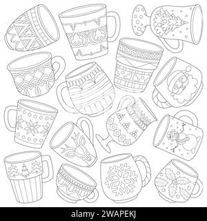 Beautiful set of festive mugs and glasses for hot drinks in Christmas style, Cute coloring book, Christmas mugs and hot drinks glasses, Christmas tree mug, elegant pattern cups, reindeer mug, tablewar Stock Vector