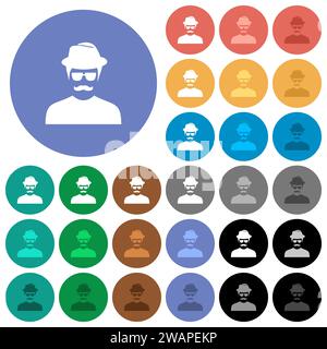 Spy with mustache avatar multi colored flat icons on round backgrounds. Included white, light and dark icon variations for hover and active status eff Stock Vector
