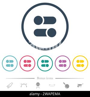 Horizontal toggle switches solid flat color icons in round outlines. 6 bonus icons included. Stock Vector