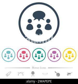 Three talking persons with oval bubble solid flat color icons in round outlines. 6 bonus icons included. Stock Vector