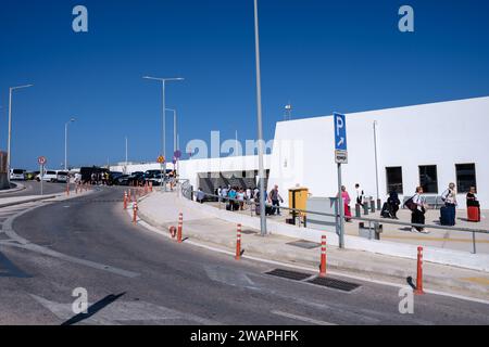 Santorini, Greece - September 19, 2023 : View of the busy airport of Santorini Greece Stock Photo