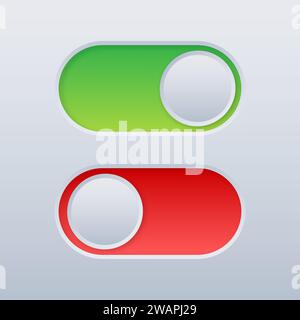 Green and Red Slider Toggle Buttons in a Glossy Design for User Interface, On and Off Switch. Vector Illustration Stock Vector
