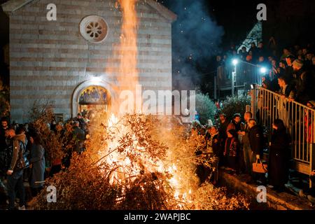 Budva, Montenegro - 06 january 2024: Festive Oak Blaze on Orthodox Christmas Eve in Budva Stock Photo