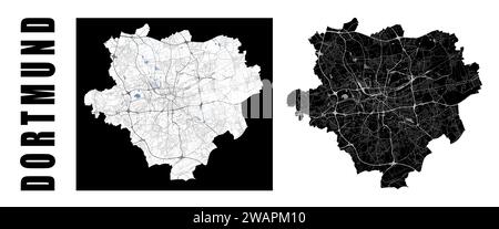 Dortmund map. Germany city within administrative municipal borders. Set of black and white vector maps. Streets and Emscher river, high resolution. Stock Vector