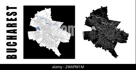 Bucharest map. Romania city within administrative municipal borders. Set of black and white vector maps. Streets and Dambovita river, high resolution. Stock Vector