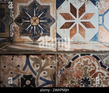 colorful vintage decorative tiles photographed in the historic center of Ortigia-Syracuse Stock Photo