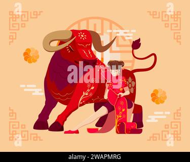 Year of The Ox Chinese Zodiac. Happy Lunar or Chinese New Year Background Stock Vector