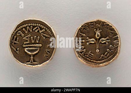 Front and rear of ancient Shekel from the 66-70 CE, Stock Photo