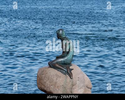 The Little Mermaid (Den Lille Havfrue) sculpture on the waterside at the Langelinie promenade, Copenhagen, Denmark. Stock Photo