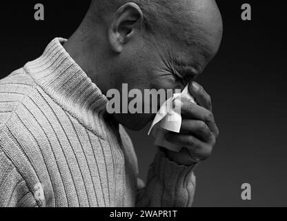 blowing nose after catching the cold and flu with grey background with people stock image stock photo Stock Photo