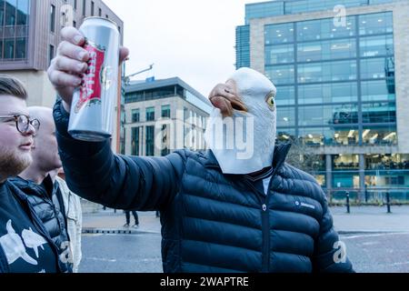 Newcastle upon Tyne, UK. 6th January 2024. Newcastle United fans queue at St James' Park, to get on busses to take them to the away match in Sunderland, in the Wear-Tyne derby FA Cup 3rd Round. Credit: Hazel Plater/Alamy Live News Stock Photo