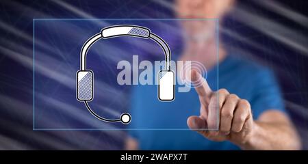 Man touching a technical support concept on a touch screen with his finger Stock Photo