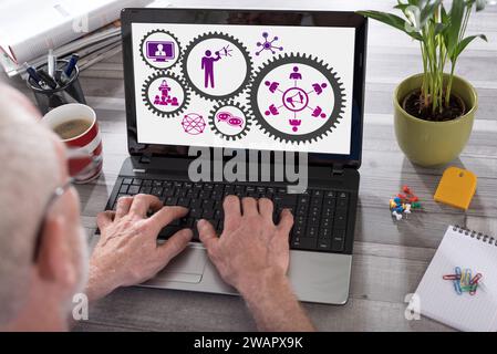 Public relations concept shown on a laptop used by a man Stock Photo