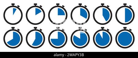 Stopwatch icon set in blue color. Stopwatch symbol set. Collection of timer icon set in blue color on white background. Countdown clock stopwatch. Stock Vector